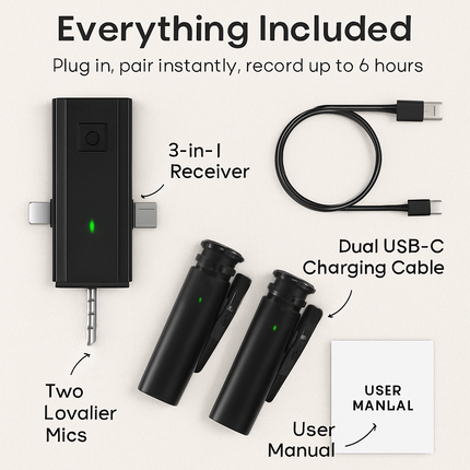 Wireless Clip-On Microphone with 3-in-1 Receiver – 2 Pack