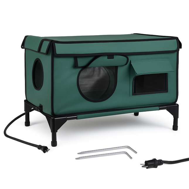 Waterproof Heated Cat House Outdoor Weatherproof Insulated Kitty Shelter Feral Cat Heating Bed with Heating Pad Anti-Chew Cord 2 Doors 3 Windows for I