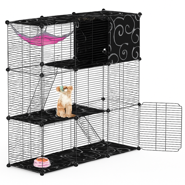 3-Tier Cat Cage Enclosure with Hammock & Toy Ball
