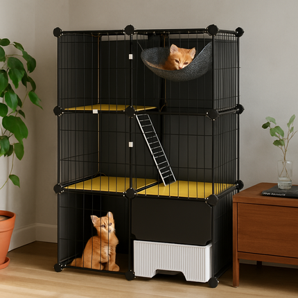 3-Tier Cat Cage with Litter Box and Hammock, Indoor
