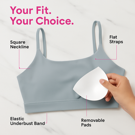Women Sport Bras with Removable Pads, Low-Impact Square Neck