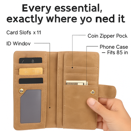Leather Clutch Wallet with Card Slots and Phone Pocket