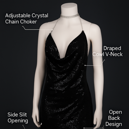 Sexy Women Chain Choker Side Slit Backless Slip Dress With Sequins