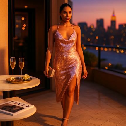 Sexy Women Chain Choker Side Slit Backless Slip Dress With Sequins