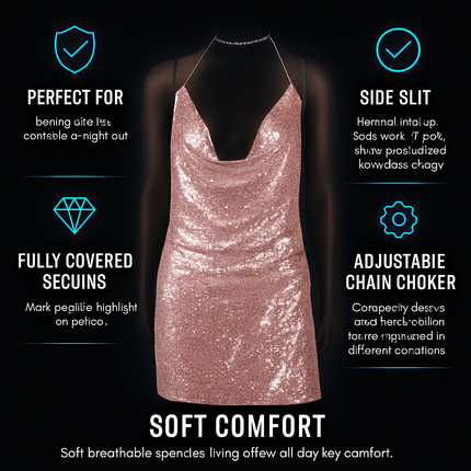 Sexy Women Chain Choker Side Slit Backless Slip Dress With Sequins