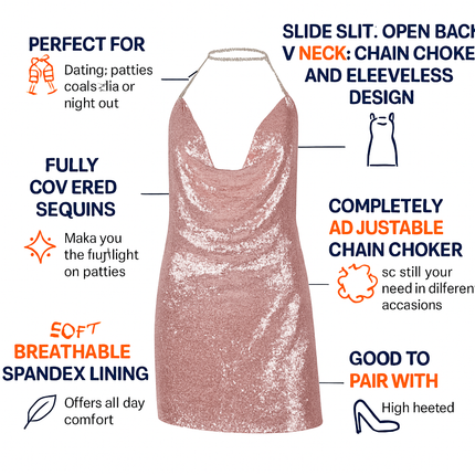 Sexy Women Chain Choker Side Slit Backless Slip Dress With Sequins