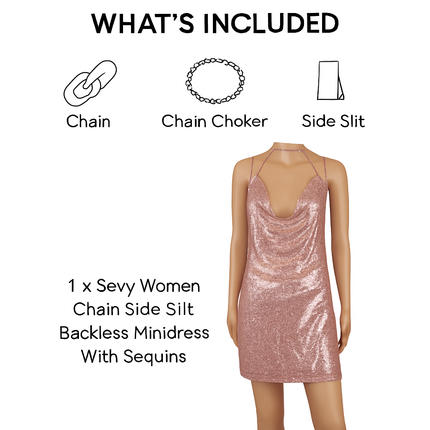 Sexy Women Chain Choker Side Slit Backless Slip Dress With Sequins
