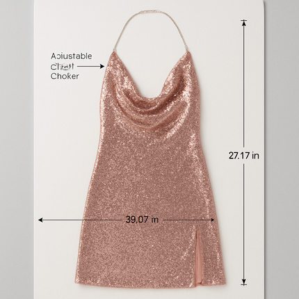 Sexy Women Chain Choker Side Slit Backless Slip Dress With Sequins