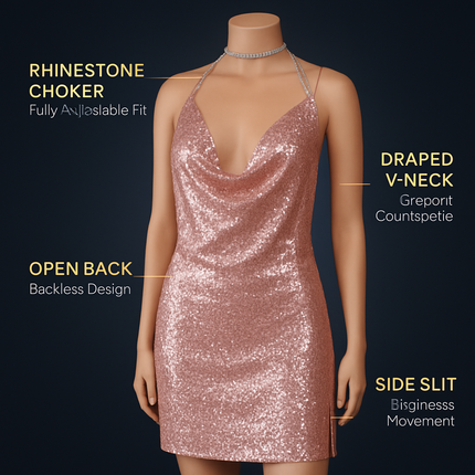 Sexy Women Chain Choker Side Slit Backless Slip Dress With Sequins