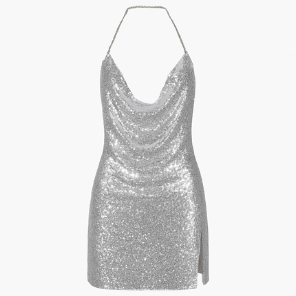 Sexy Women Chain Choker Side Slit Backless Slip Dress With Sequins