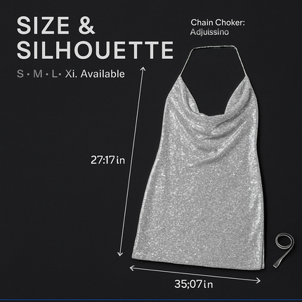 Sexy Women Chain Choker Side Slit Backless Slip Dress With Sequins
