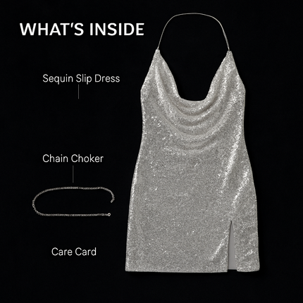 Sexy Women Chain Choker Side Slit Backless Slip Dress With Sequins