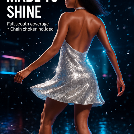 Sexy Women Chain Choker Side Slit Backless Slip Dress With Sequins