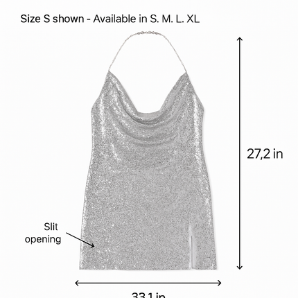 Sexy Women Chain Choker Side Slit Backless Slip Dress With Sequins