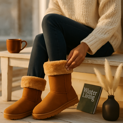 Snow Boots - Waterproof Faux Suede Mid-Calf with Warm Lining