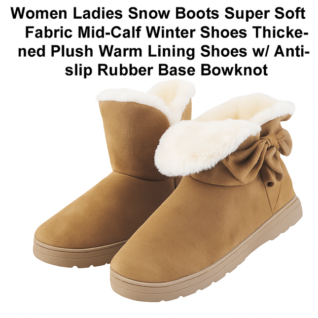 Women Ladies Snow Boots Super Soft Fabric Mid-Calf Winter Shoes Thickened Plush Warm Lining Shoes w/ Anti-slip Rubber Base Bowknot