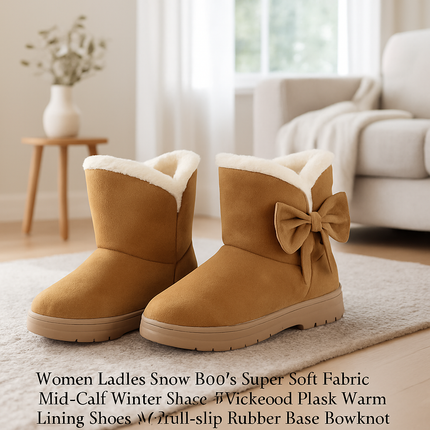 Women Ladies Snow Boots Super Soft Fabric Mid-Calf Winter Shoes Thickened Plush Warm Lining Shoes w/ Anti-slip Rubber Base Bowknot