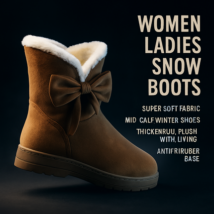 Women Ladies Snow Boots Super Soft Fabric Mid-Calf Winter Shoes Thickened Plush Warm Lining Shoes w/ Anti-slip Rubber Base Bowknot