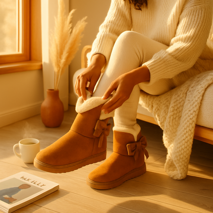 Women Ladies Snow Boots Super Soft Fabric Mid-Calf Winter Shoes Thickened Plush Warm Lining Shoes w/ Anti-slip Rubber Base Bowknot