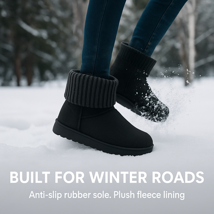 Women Lady Snow Boots Suede Mid-Calf Boot Shoe Short Plush Warm Lining Shoes w/ Anti-slip Rubber Base Knitting Design