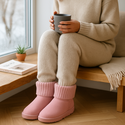 Women Lady Snow Boots Suede Mid-Calf Boot Shoe Short Plush Warm Lining Shoes w/ Anti-slip Rubber Base Knitting Design