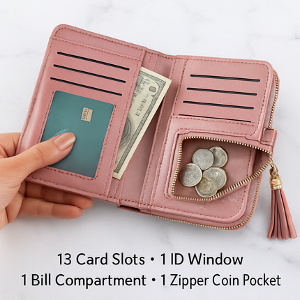 Leather Wallet Clutch with Card Slots and Zipper