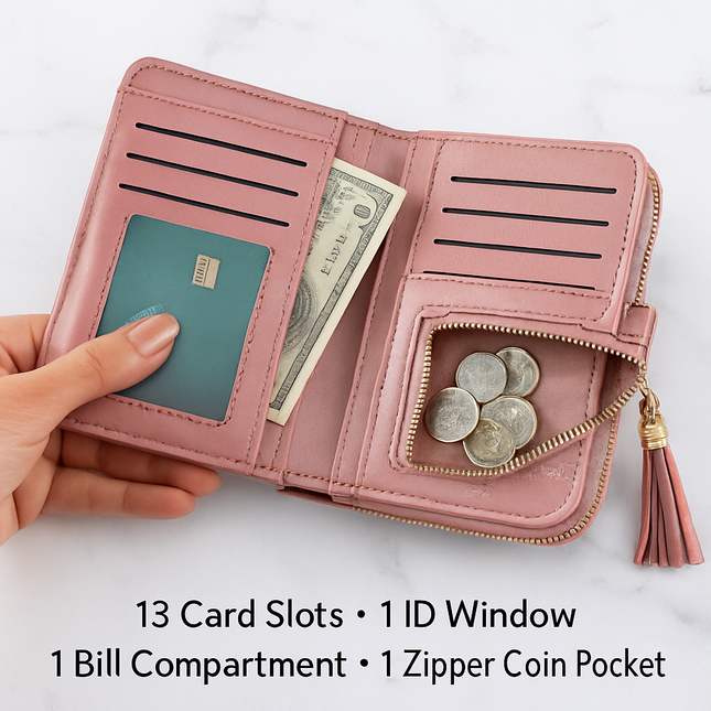 Leather Wallet Clutch with Card Slots and Zipper