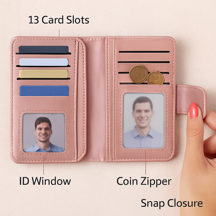 Leather Wallet Clutch with Card Slots and Zipper