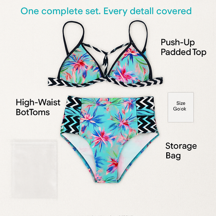 Floral Padded Push-Up Bikini Set with High-Waist