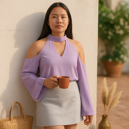 Off-the-Shoulder Blouse with V-Neck and Long Sleeves