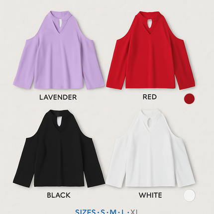 Off-the-Shoulder Blouse with V-Neck and Long Sleeves
