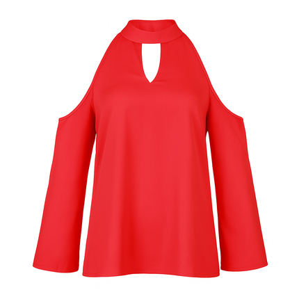 Off-the-Shoulder Blouse with V-Neck and Long Sleeves