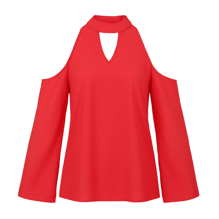 Off-the-Shoulder Blouse with V-Neck and Long Sleeves