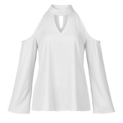 Off-the-Shoulder Blouse with V-Neck and Long Sleeves