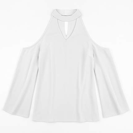 Off-the-Shoulder Blouse with V-Neck and Long Sleeves
