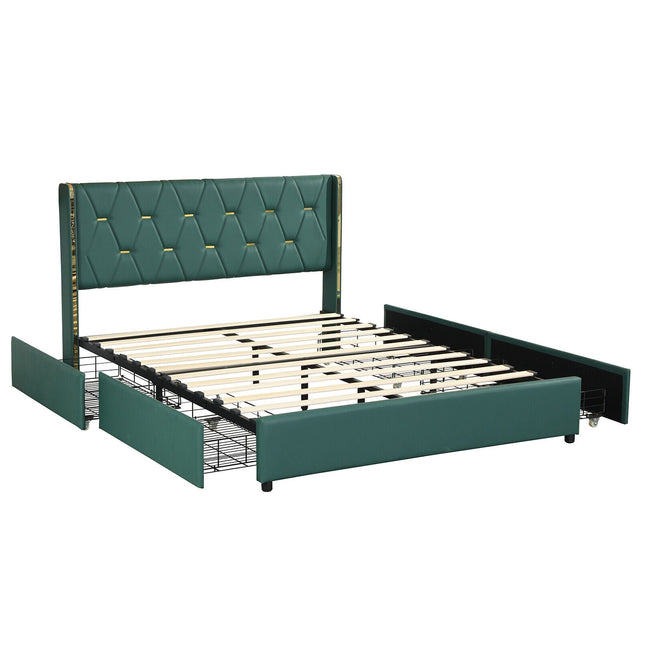 Full/Queen Size Upholstered Bed Frame with 4 Drawers-Green