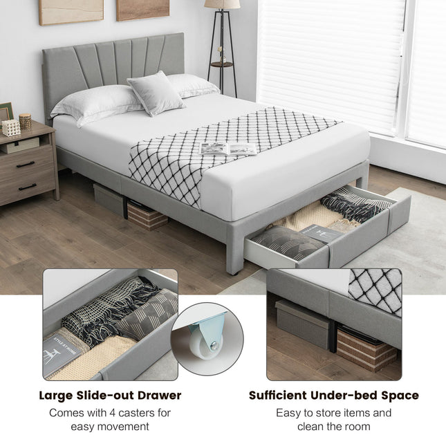 Full/Queen Size Upholstered Bed Frame with Drawer and Adjustable Headboard