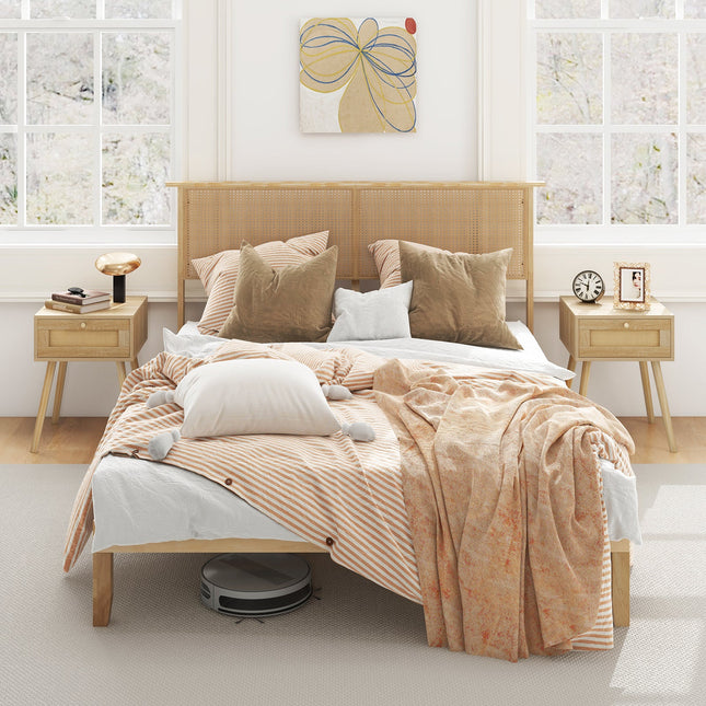 Twin/Full/Queen Size Bed Frame with Rattan Headboard
