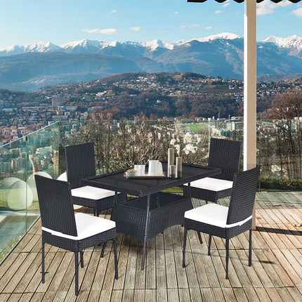 5-Piece Rattan Patio Dining Set with Glass Top & Cushions