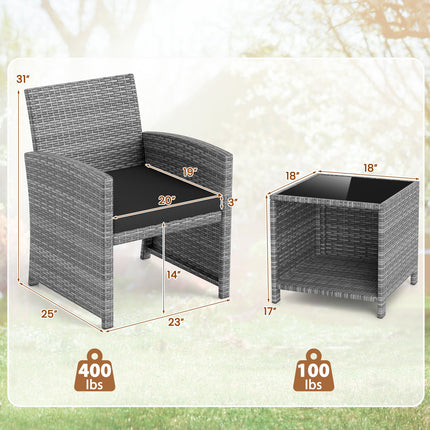 3 Pieces Patio Furniture Set with Tempered Glass Coffee Table and Soft Seat Cushions
