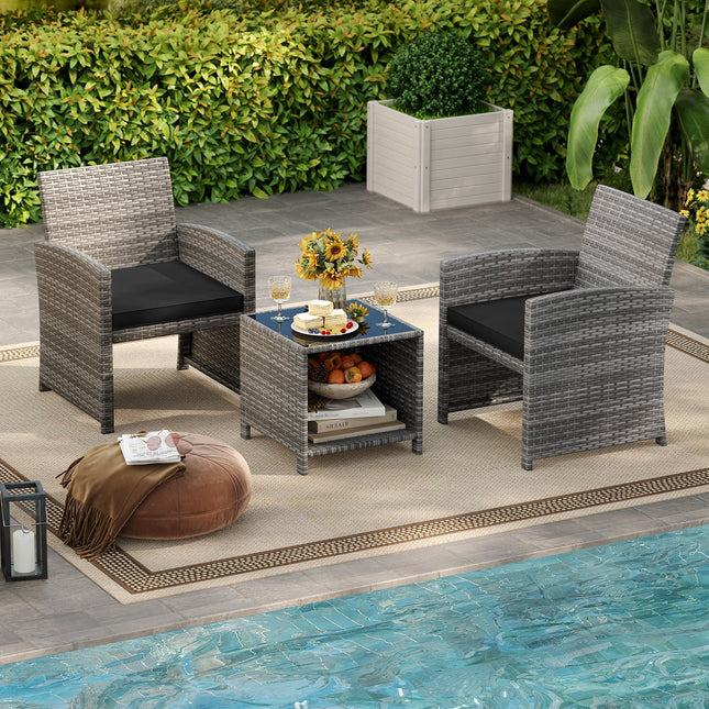3 Pieces Patio Furniture Set with Tempered Glass Coffee Table and Soft Seat Cushions
