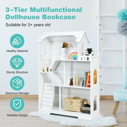 Kids Wooden Dollhouse Bookshelf with Anti-Tip Design and Storage Space