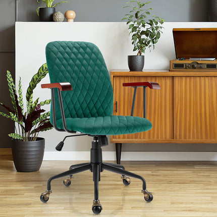 Velvet Office Chair with Wooden Armrests - Adjustable Height