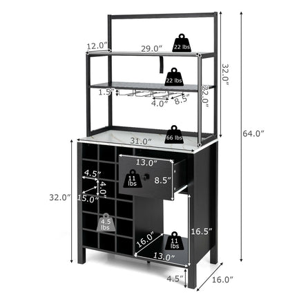 Kitchen Bakers Rack Freestanding Wine Rack Table with Glass Holder and Drawer