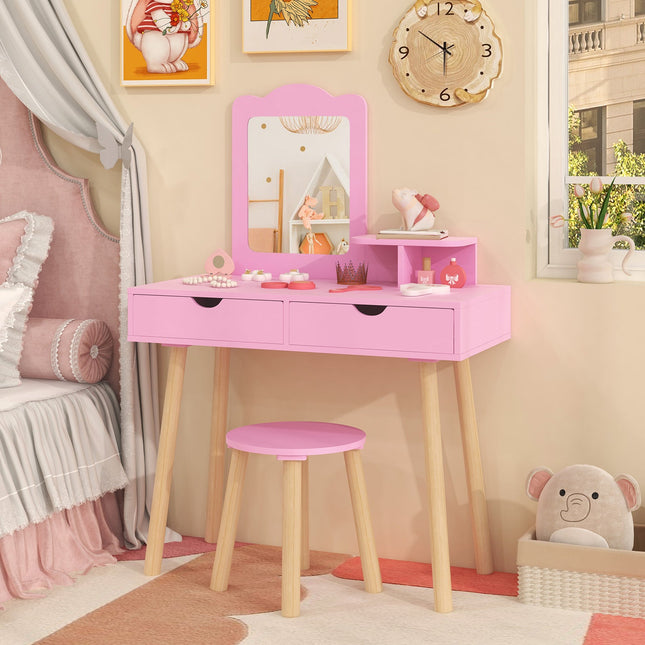 Kid Vanity Table Chair Set with Mirror and 2 Large Storage Drawers