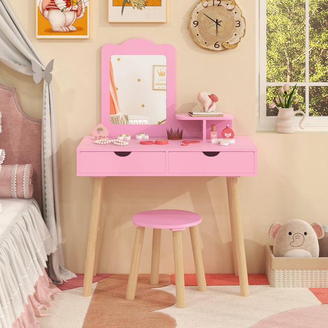 Kid Vanity Table Chair Set with Mirror and 2 Large Storage Drawers