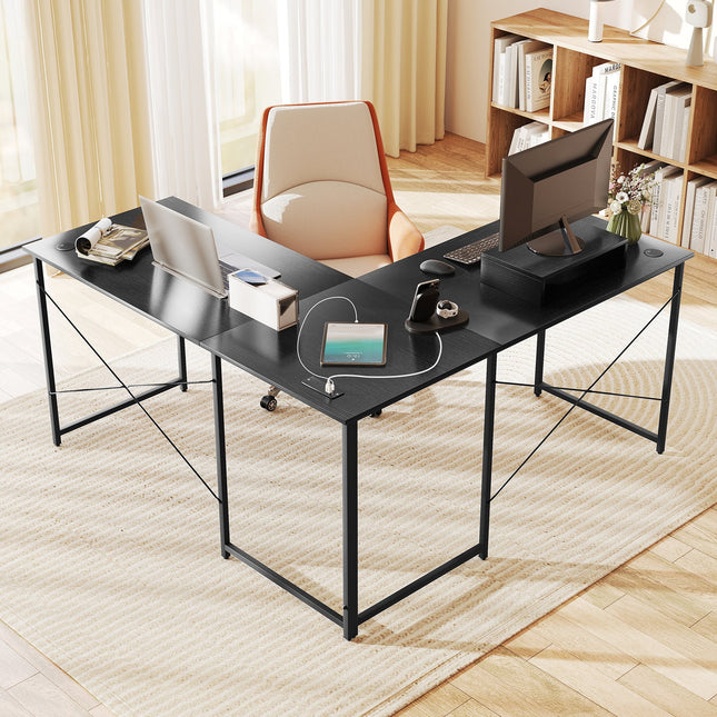 95 Inch 2-Person L-Shaped Long Reversible Computer Desk with Monitor Stand
