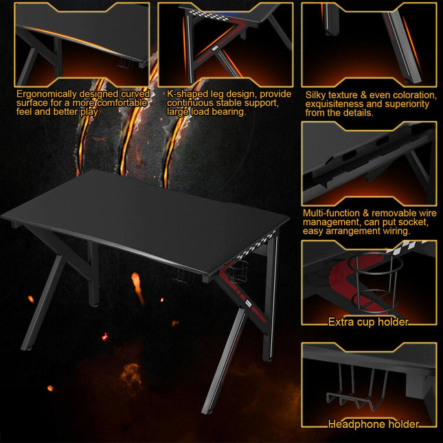 K-Shaped Gaming Desk with Cup Holder Headphone