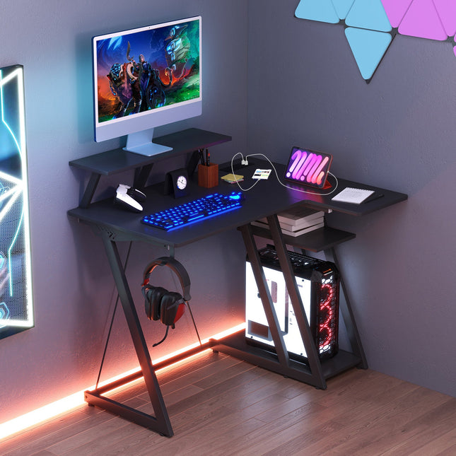 L Shaped Gaming Desk with Outlets and USB Ports