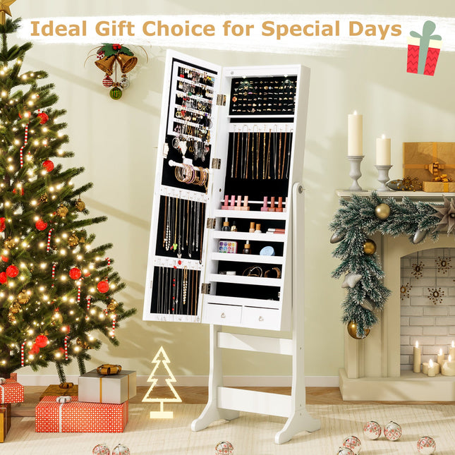 Lockable Freestanding Jewelry Cabinet Armoire with Full-Length Mirror and Lights